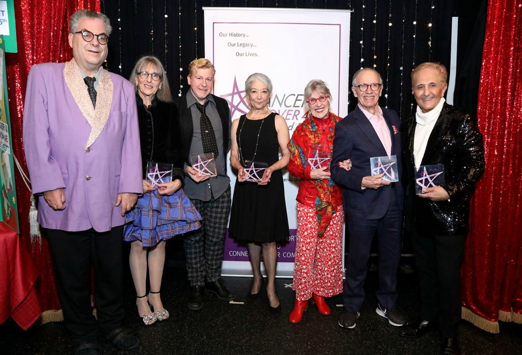 Host Michael Musto, honorees Loni Ackerman, Bobby Hedglin-Taylor, Yvonne and Roger Puckett and DO40 president John Sefakis