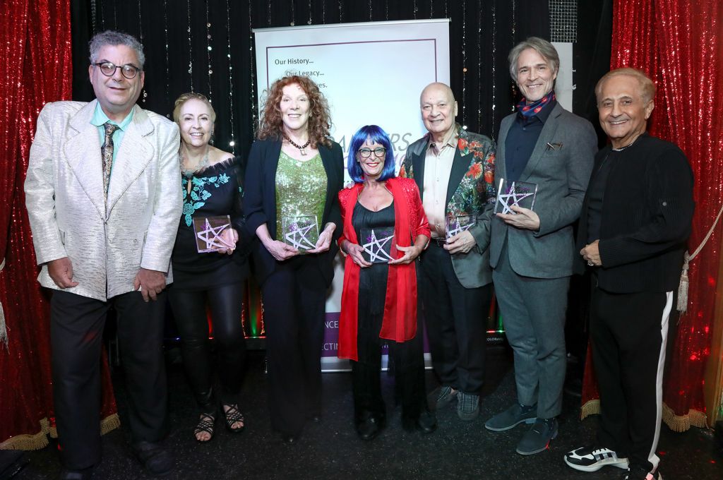 The honorees, Jean Preece, Joanna Rush, Jill Cook, Joe Ahumada and for Gene Foote, Michael Bunch along with host Michael Musto and DO40 prez John Sefakis