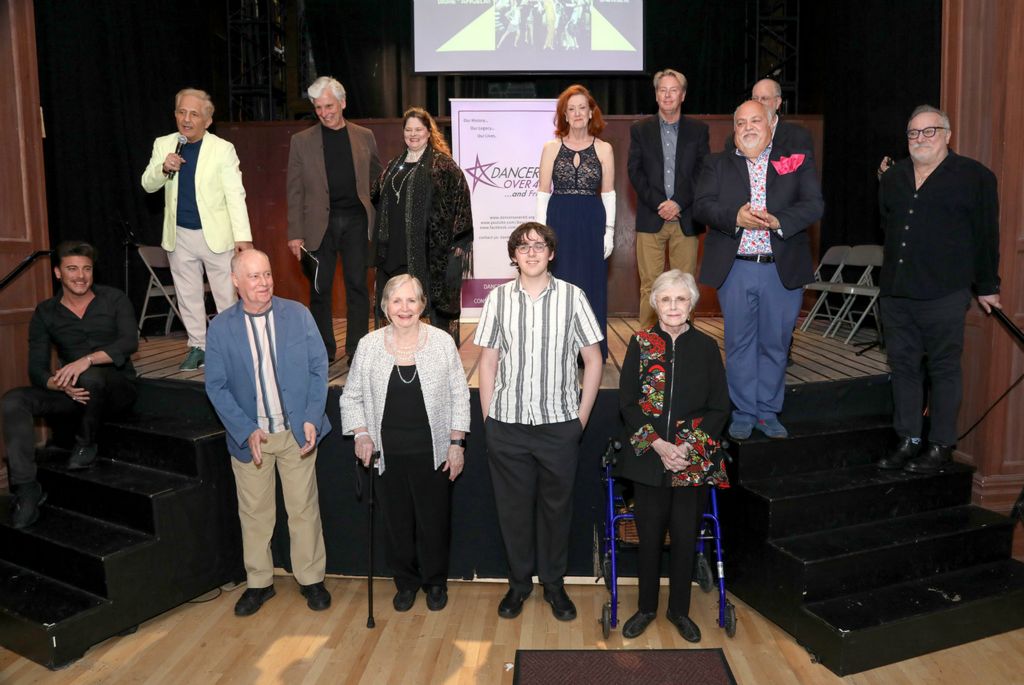 Curtain call: Top L to R, DO40 prez John Sefakis, host Kurt Peterson, Sarah Rice, Karen Murphy, Clark Bason, Anthony Marciona, Josh Ellis, Richard Sabellico Bottom: Jesse Luttrell, John Sheridan Beecher, Jane Coleman, Charles Kirsch, Diane Coupé